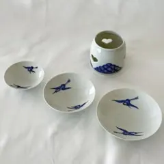青い鳥と波模様の陶器セット