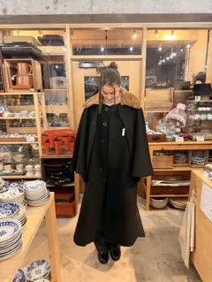 ウール100% インバネスコート ブラック ファー襟