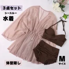 水着 レディース 3点セット 体型カバー 細見え シースルー 茶色 M ビキニ