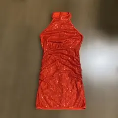 赤スパンコール ホルターネックドレス　ストレッチワンピース　ミニドレス　S