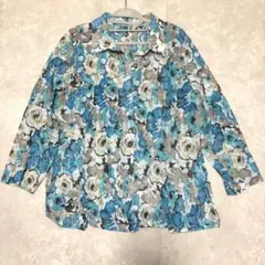 美品 花柄 ブラウス ブルー系 五分袖 シャツ レトロポップ 総柄 派手柄 花柄