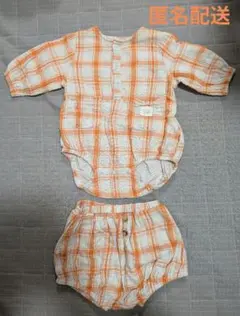 ロンパース・パンツ セットアップ 70-80 　オレンジチェック　七分袖