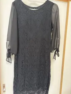 総レース ひざ丈ワンピース ブラック 長袖