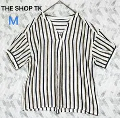 ザショップティーケー ストライプ Vネック 半袖ブラウス（M）ゆったり 綿混