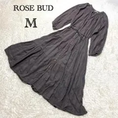★ローズバッド　七分袖シャツワンピース　ロング　薄手　リボン　ブラウン　綿　M