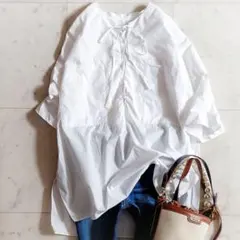 美品 SHIPS コットンボイル ネックギャザー ボウタイ ブラウス
