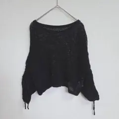 ブラックレース編みトップス M レディース ショート丈 シャードスリーブ