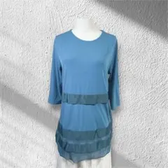 異素材切替 チュニック 春夏 ゆったり体型カバー スモーキーブルー きれいめ