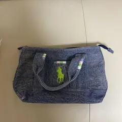 デニムブルー ハンドバッグ ロゴ刺繍付き