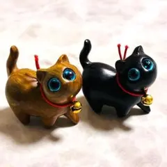 ねこ　置き物　招き猫　インテリア　２点セット　可愛い　ウッド　オブジェ　木　猫のサムネイル