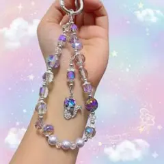 紫色オーロラ輝くクリスタルキツネチャームビーズ携帯ホルダーバッグチャーム新品即納