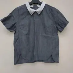 HKWORKSLONDONストライプ 半袖ブラウス ビジュー付襟可愛い