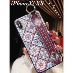 iPhoneX/XS モロッコタイル柄　ベルト付きケース　２番ブルー