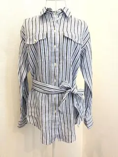 【新品タグ付】ラルフローレン ストライプ 長袖シャツ リボンベルト 麻100%