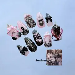 量産型 地雷系 ネイルチップ ブラック ピンク レース ゴシック 衣装ネイル