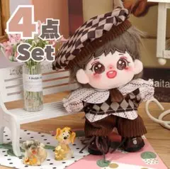 ぬい服 10cm 探偵 ぬいぐるみ服 4点セット チェック柄 ブラウン 帽子付き