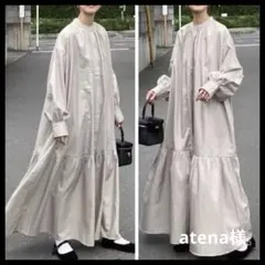 ロングワンピース　フロントボタン　ぽわん袖　長袖　無地　きれいめ　ベージュ