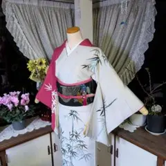 アンティーク着物　正絹　訪問着　アイボリー　赤い花❤️ アンティーク着物 正絹 訪問着 アイボリー 赤い花❤️ - メルカリ