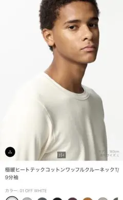 極暖ヒートテックコットンワッフルクールネックT／9部袖／OFF WHITE/M