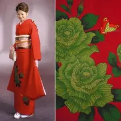 振袖単品 セット外 正絹振袖 赤地縮緬蝶にグリーン花柄 成人式 結婚式に最適