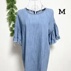 ザラ・M フリル袖トップス デニムチュニック 柔らか素材 春夏 ライトブルー