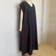 大島紬着物リメイクAラインワンピース Ｖネック　フリーサイズ〜L L
