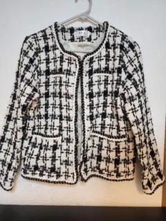 【高見え】ツイードジャケット ノーカラー ブラック×ホワイト 上品 フォーマル