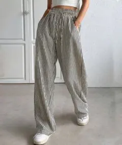 ストライプ柄 ワイドパンツ ゴムウエスト