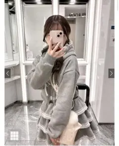 リボンレースパーカー×ティアードミニスカートスウェットセットアップ