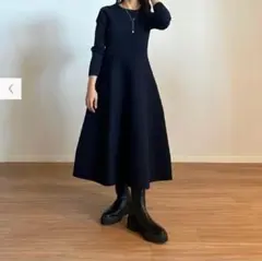 PLST プラステ ホールガーメント ニットフレアワンピース　ネイビー M