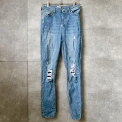 フォーエバー21 パンツ スキニー ダメージ M L相当 青 綿 お出かけのサムネイル