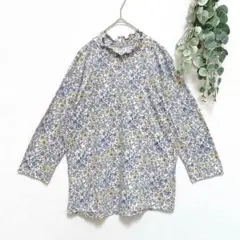 フリルハイネックカットソー☆LL☆植物柄☆ブルー系☆総柄☆ボタニカル☆七分袖