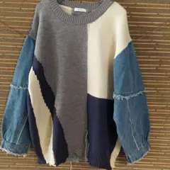 デニム×ニットトップス⭐ドッキングトップス⭐大き⭐F⭐パッチワーク⭐ハンドメイド