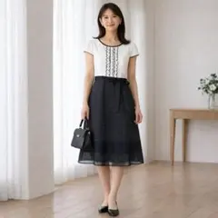 フォーマルワンピース バイカラー ドット フリル リボン Aライン 膝下 上品