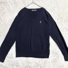 EASTBOY 紺 薄ピンク刺繍 Vネック ニット 9号 長袖セーター ネイビー