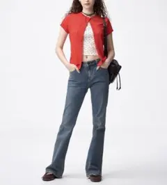 新品】GU ジーユー スリムフレアジーンズ+EC［丈長め84.0cm】ブルー系