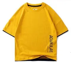 AOWKULAEロゴ　半袖シャツ 男の子　イエロー　140㎝