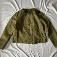 新品　ジャケット　ブルゾン　ノーカラー　コットン　リネン　カーキ　ビジュー