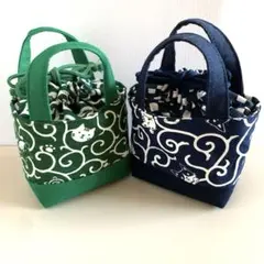 ［ハンドメイド］ミニミニ巾着風バッグ 　唐草猫　　２個セット