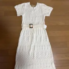ホワイト クロシェ編み ロングワンピース ベルト付きのサムネイル