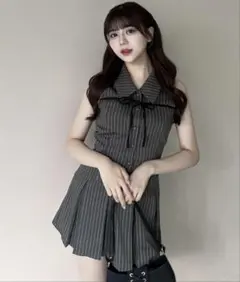 YUI企画　ノースリーブシャツミニワンピース　オリーブデオリーブ　ストライプ