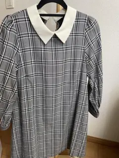 イング　チェック柄襟付き長袖ワンピース