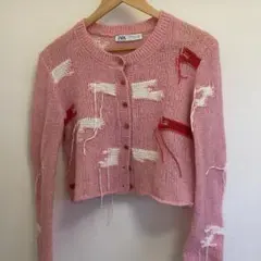 ZARA ピンク クロップドカーディガン S