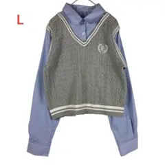 新品タグ付き　グレー　Lサイズ ケーブル編みベストシャツフェイク　トップス