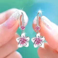 925シルバー高品質ジルコンダイヤ♢花型フックピアス・ピンク☆匿名配送
