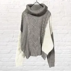 11804アクシーズファム タートルニット ケーブル編み M 洗える グレー古着