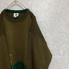 80S vintage カーキ　刺繍　ニット　メンズ　L 古着　個性派　ゆるダボ
