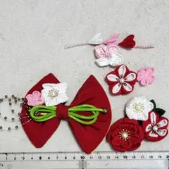 和装髪飾りセット 赤 緑 花　七五三