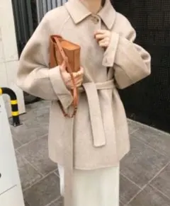 ベルト付きチュニック丈メルトンコート　ステンカラー　ラグランスリーブ