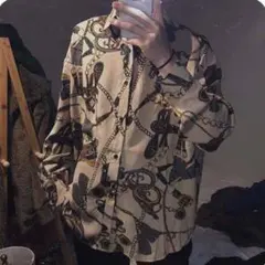 新品 柄シャツ ブラウン デザインシャツ 韓国 ユニセックス 長袖